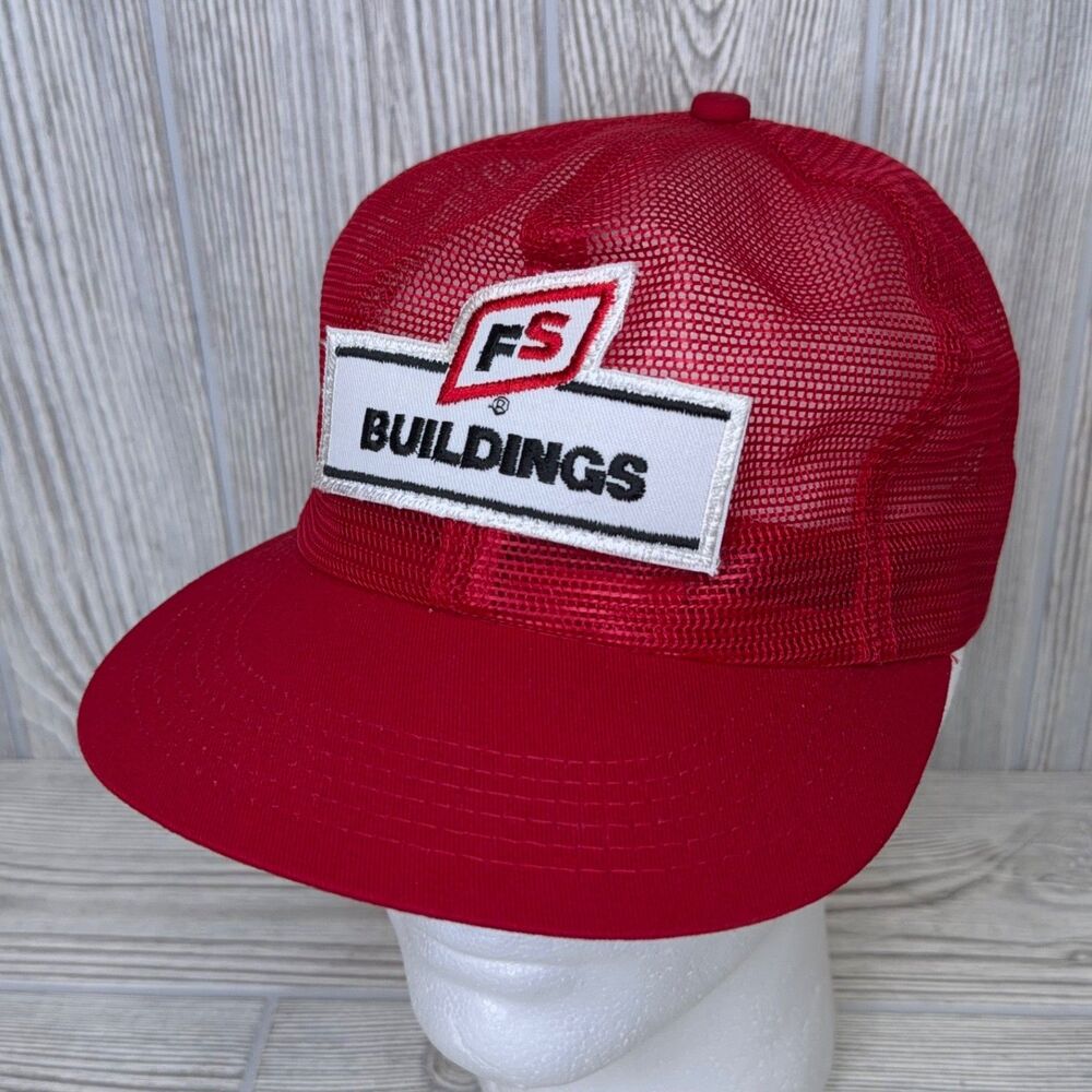 Vintage FS BUILDINGS Patch All Mesh Snap Back Trucker Hat Red K-Products USA EUC